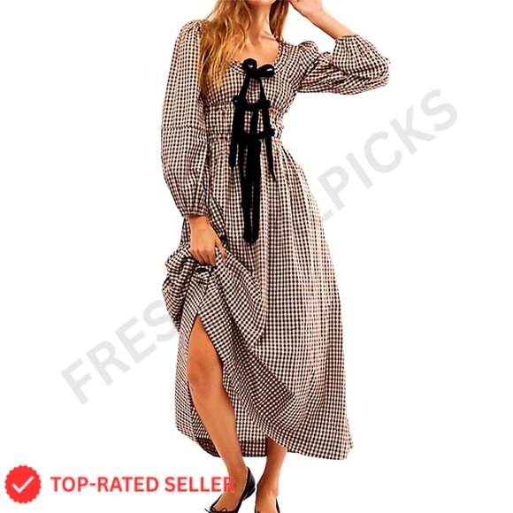 Plaid Maxi Dress Long Puff Sleeve Square Neck Flowy Boho Smocked Waist